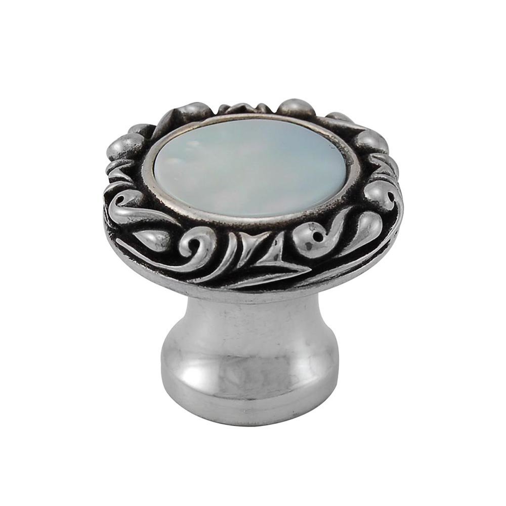 Vicenza Hardware 1" Round Knob with Small Base with Stone Insert in Antique Silver with Mother Of Pearl Insert