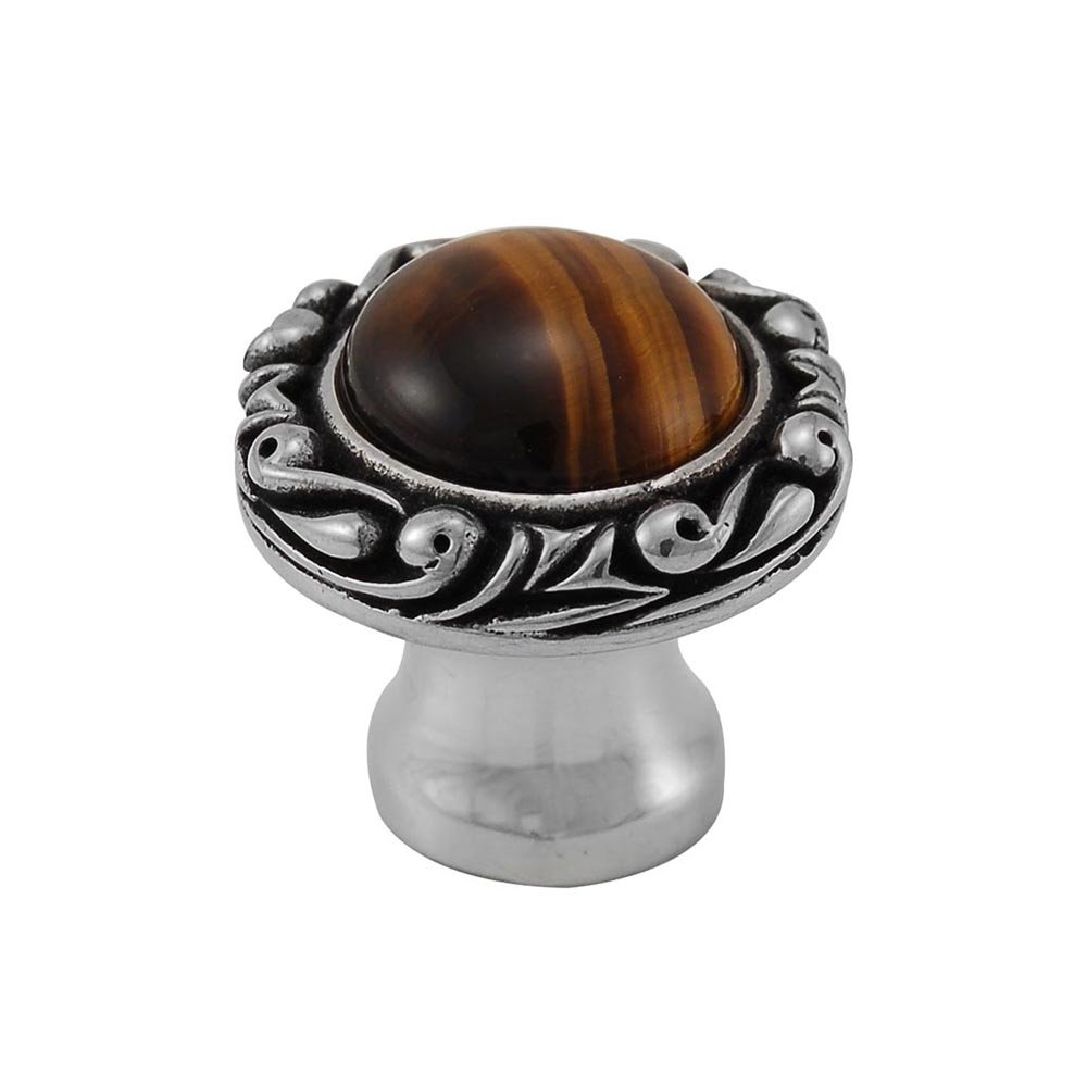 Vicenza Hardware 1" Round Knob with Small Base with Stone Insert in Antique Silver with Tigers Eye Insert