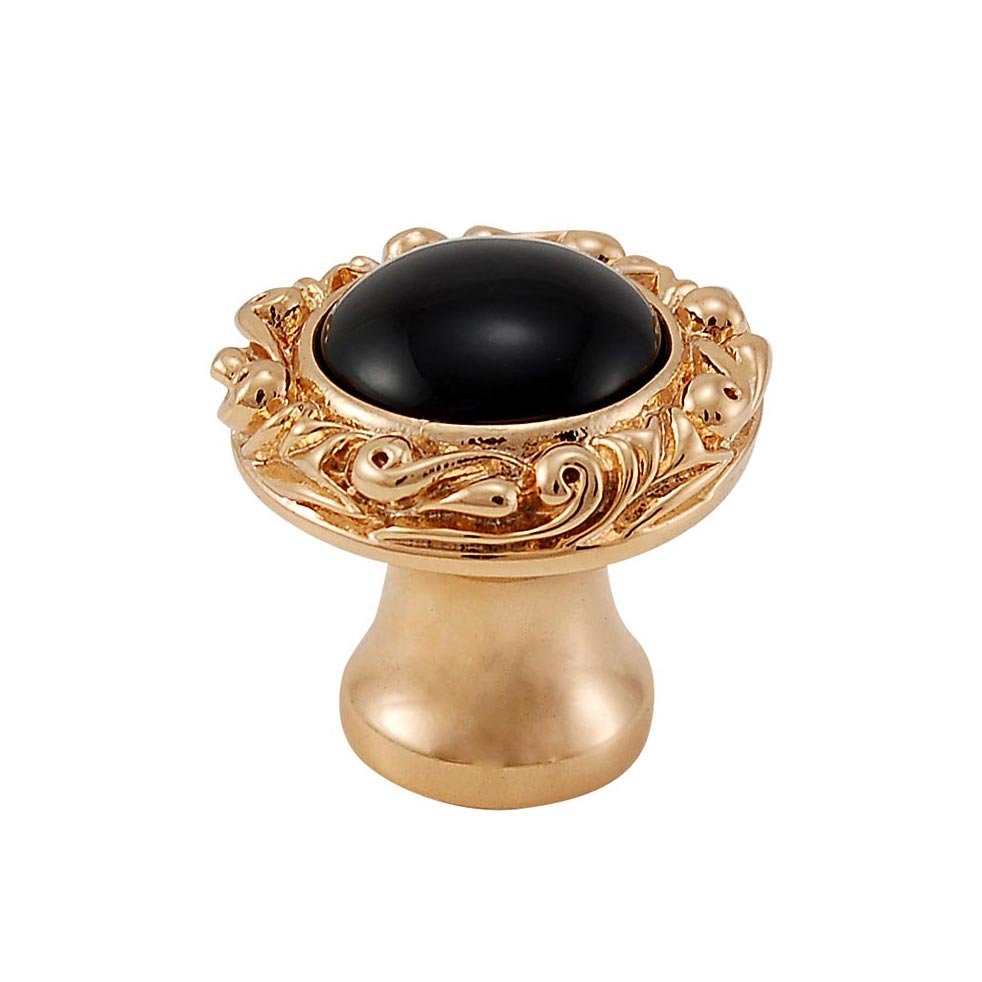 Vicenza Hardware 1" Round Knob with Small Base with Stone Insert in Polished Gold with Black Onyx Insert