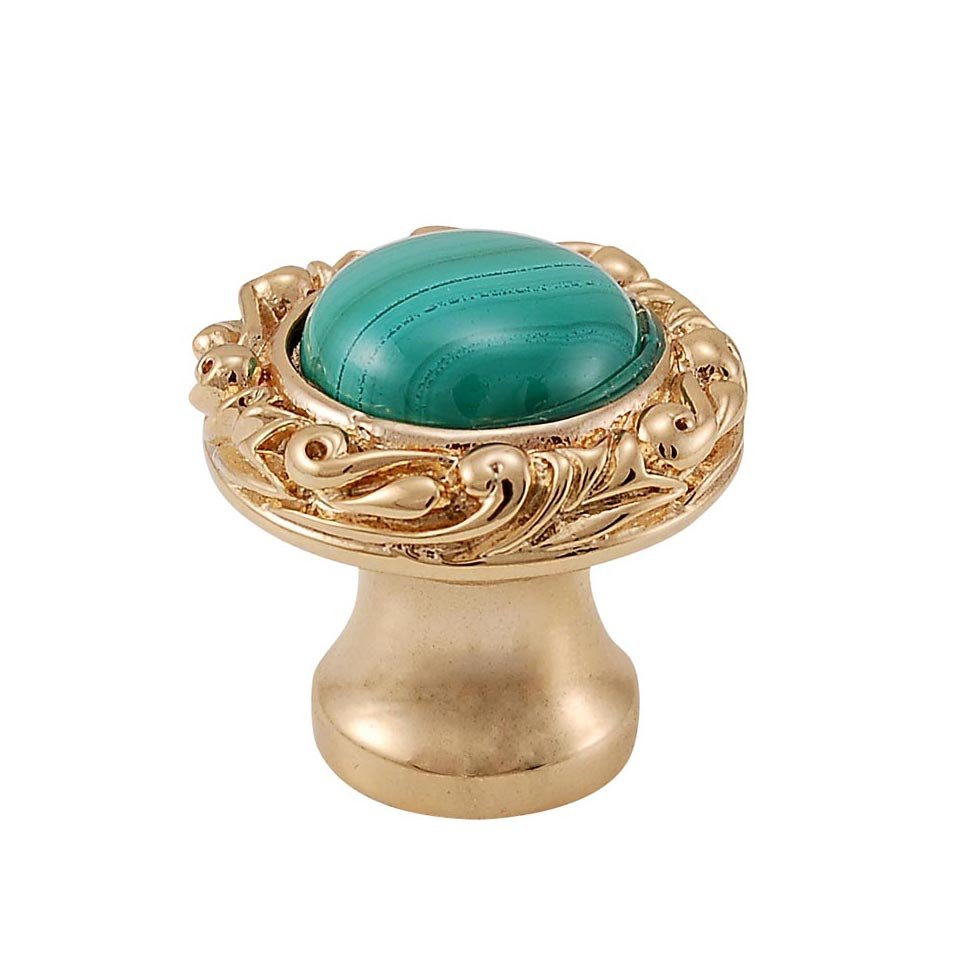 Vicenza Hardware 1" Round Knob with Small Base with Stone Insert in Polished Gold with Malachite Insert
