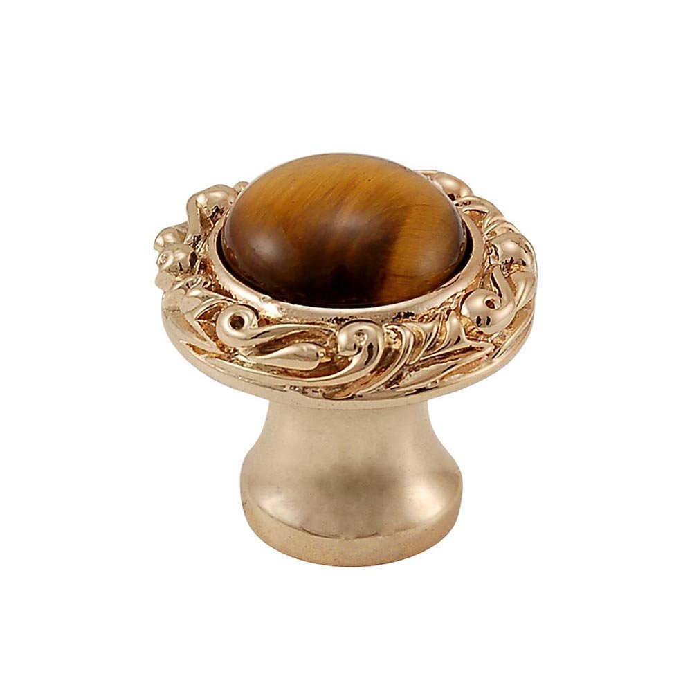 Vicenza Hardware 1" Round Knob with Small Base with Stone Insert in Polished Gold with Tigers Eye Insert
