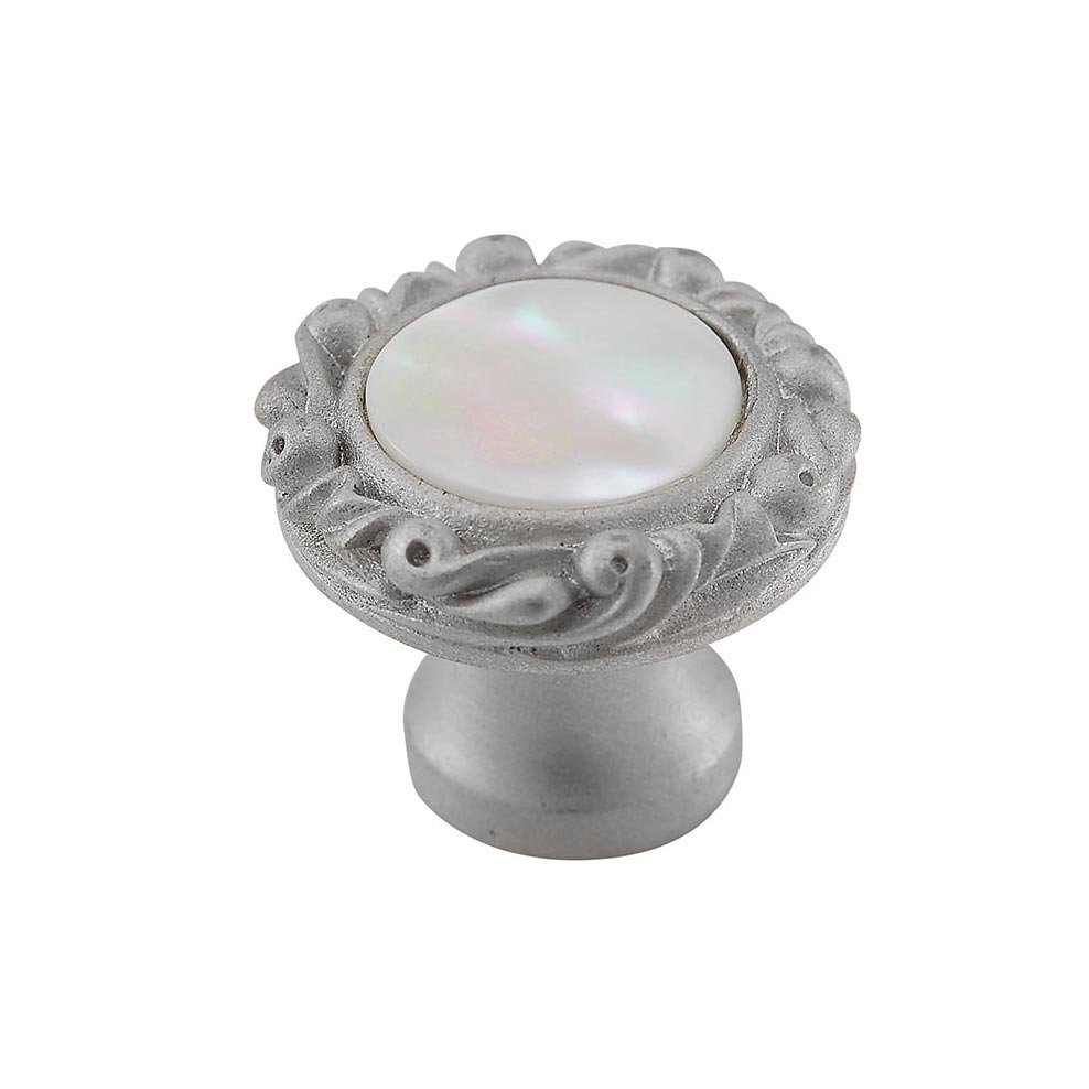 Vicenza Hardware 1" Round Knob with Small Base with Stone Insert in Satin Nickel with Mother Of Pearl Insert