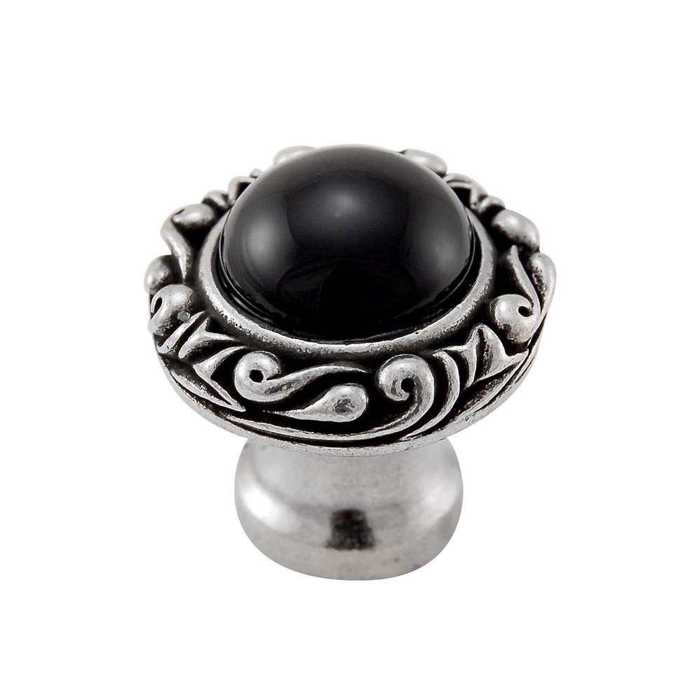 Vicenza Hardware 1" Round Knob with Small Base with Stone Insert in Vintage Pewter with Black Onyx Insert