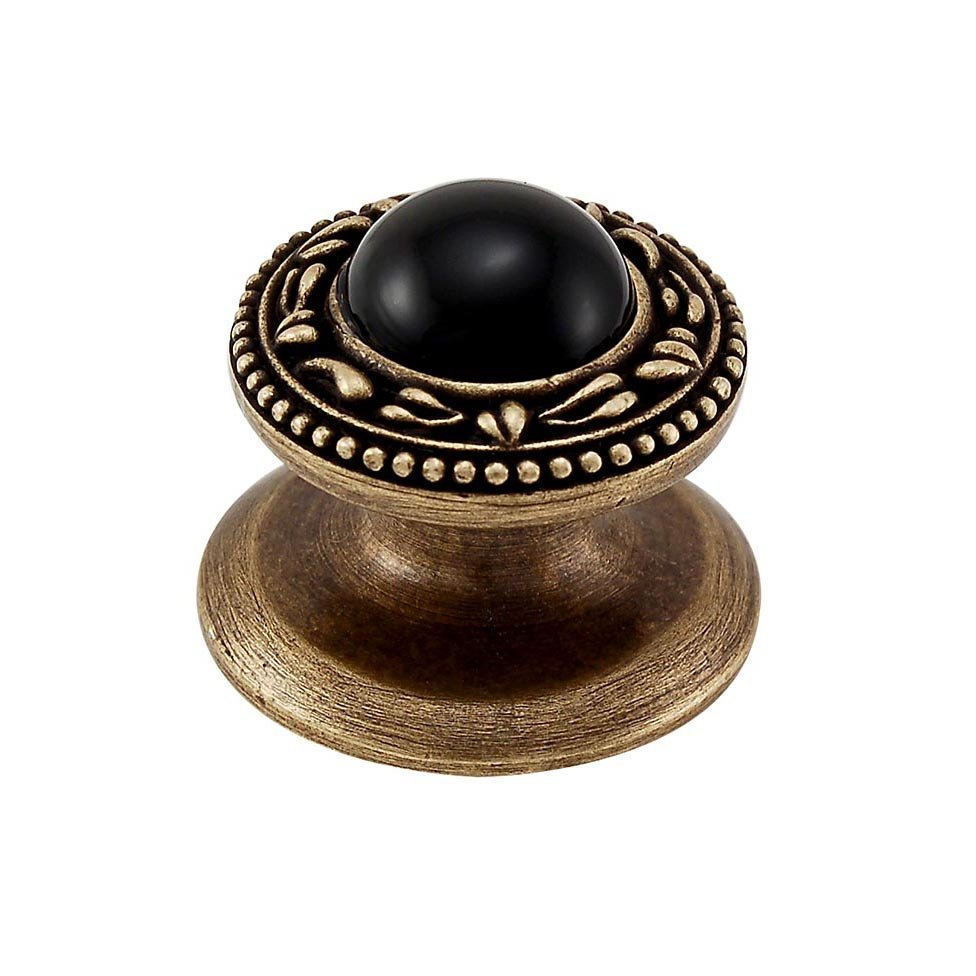 Vicenza Hardware Round Gem Stone Knob San Michele in Antique Brass with Black Onyx Insert