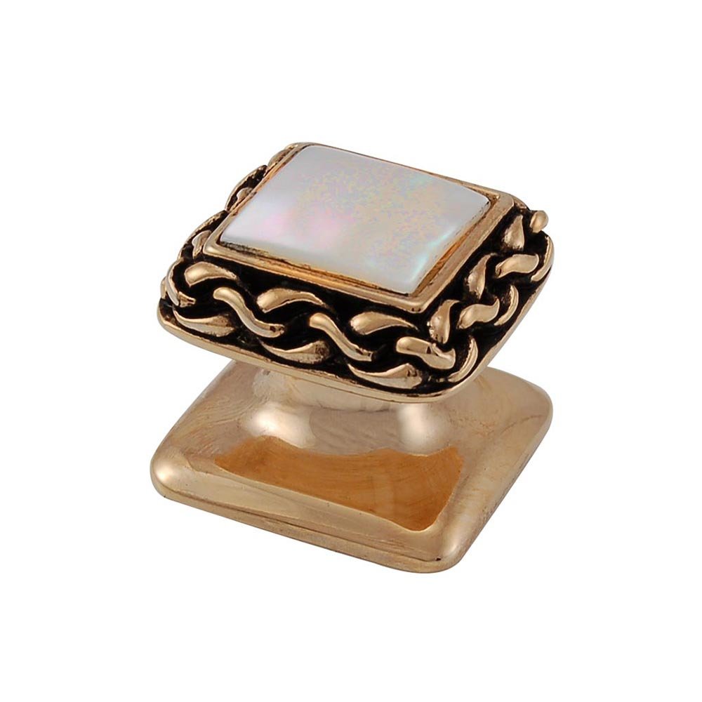 Vicenza Hardware Square Gem Stone Knob Design 2 in Antique Gold with White Mother Of Pearl Insert