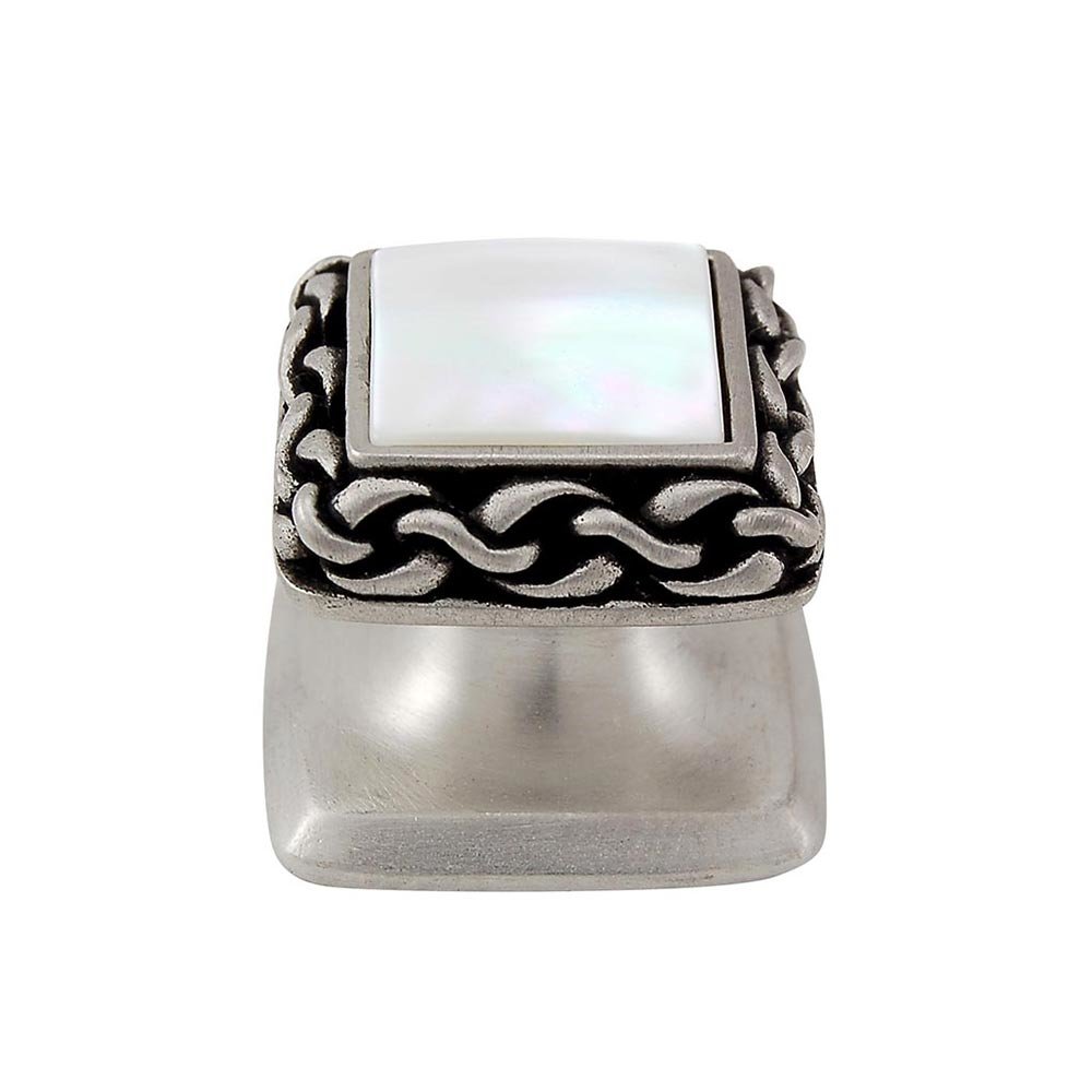 Vicenza Hardware Square Gem Stone Knob Design 2 in Antique Nickel with White Mother Of Pearl Insert