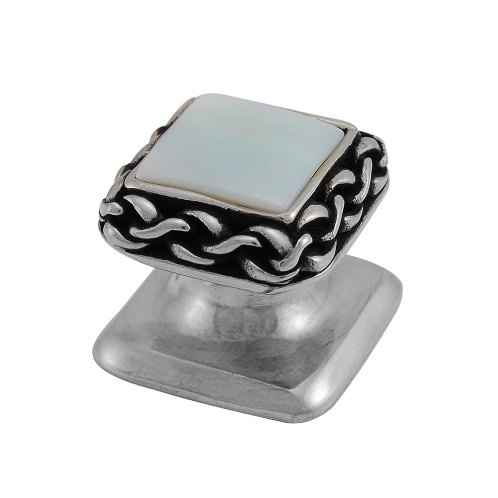 Vicenza Hardware Square Gem Stone Knob Design 2 in Antique Silver with White Mother Of Pearl Insert
