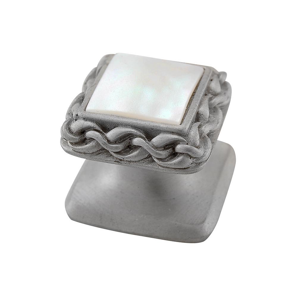 Vicenza Hardware Square Gem Stone Knob Design 2 in Satin Nickel with White Mother Of Pearl Insert