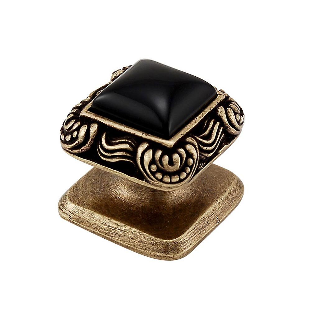 Vicenza Hardware Square Gem Stone Knob Design 3 in Antique Brass with Black Onyx Insert