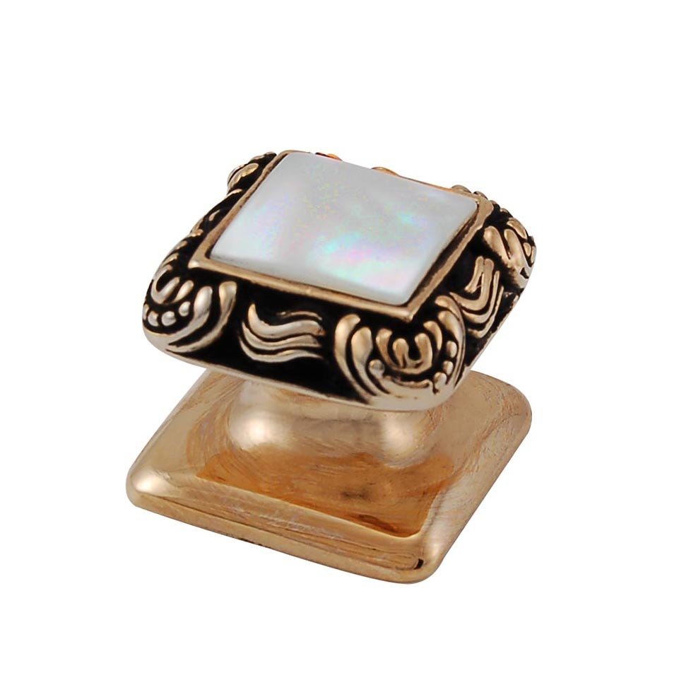 Vicenza Hardware Square Gem Stone Knob Design 3 in Antique Gold with White Mother Of Pearl Insert