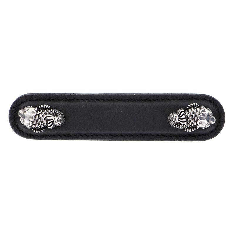 Vicenza Hardware Leather Collection 4" (102mm) Pesci Pull in Black Leather in Antique Silver