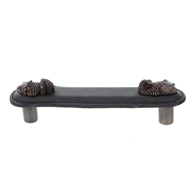 Vicenza Hardware Leather Collection 4" (102mm) Pesci Pull in Black Leather in Oil Rubbed Bronze