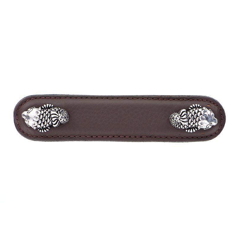 Vicenza Hardware Leather Collection 4" (102mm) Pesci Pull in Brown Leather in Vintage Pewter