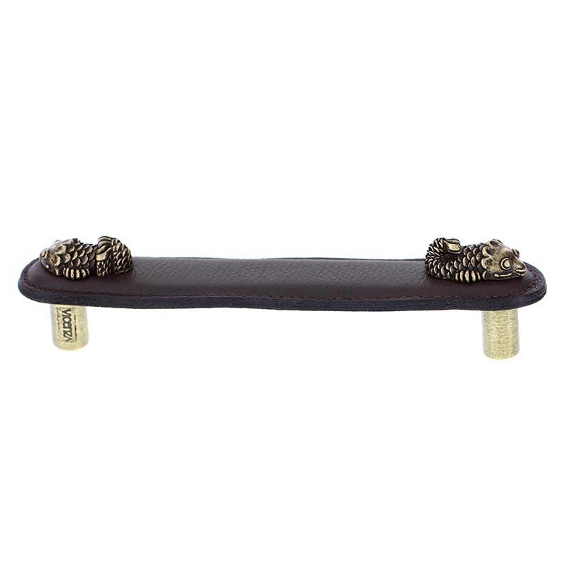 Vicenza Hardware Leather Collection 5" (128mm) Pesci Pull in Brown Leather in Antique Brass