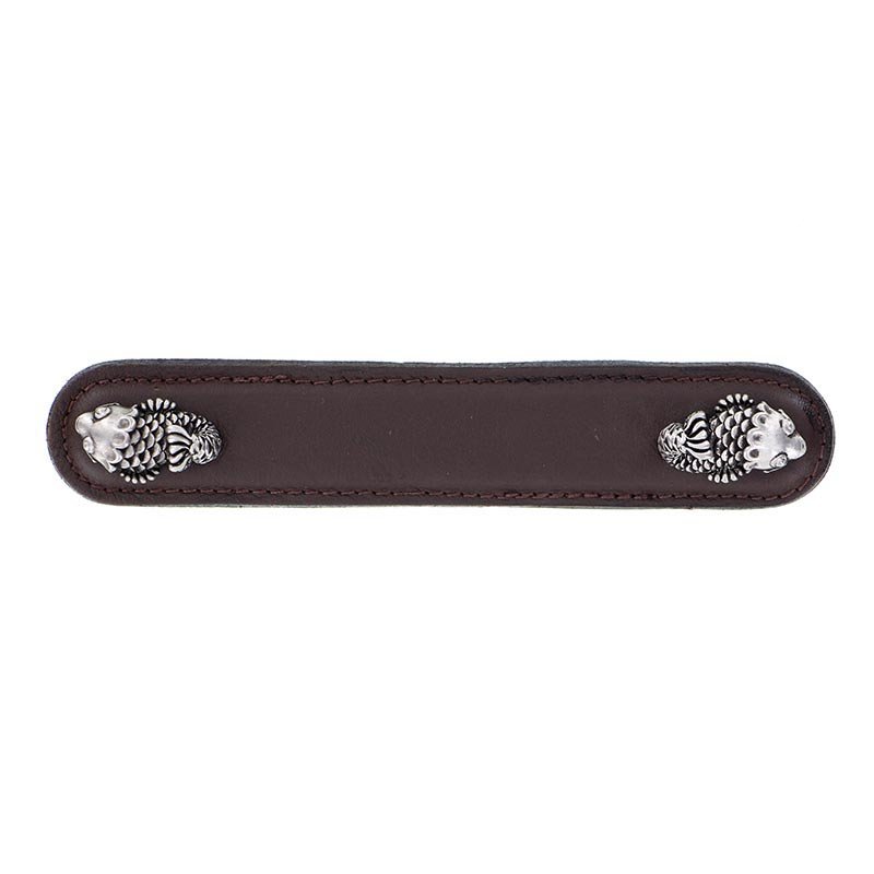 Vicenza Hardware Leather Collection 5" (128mm) Pesci Pull in Brown Leather in Antique Nickel