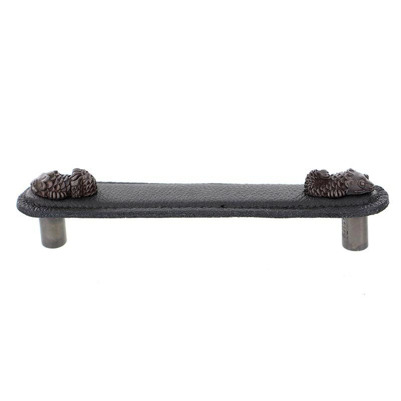 Vicenza Hardware Leather Collection 5" (128mm) Pesci Pull in Black Leather in Oil Rubbed Bronze