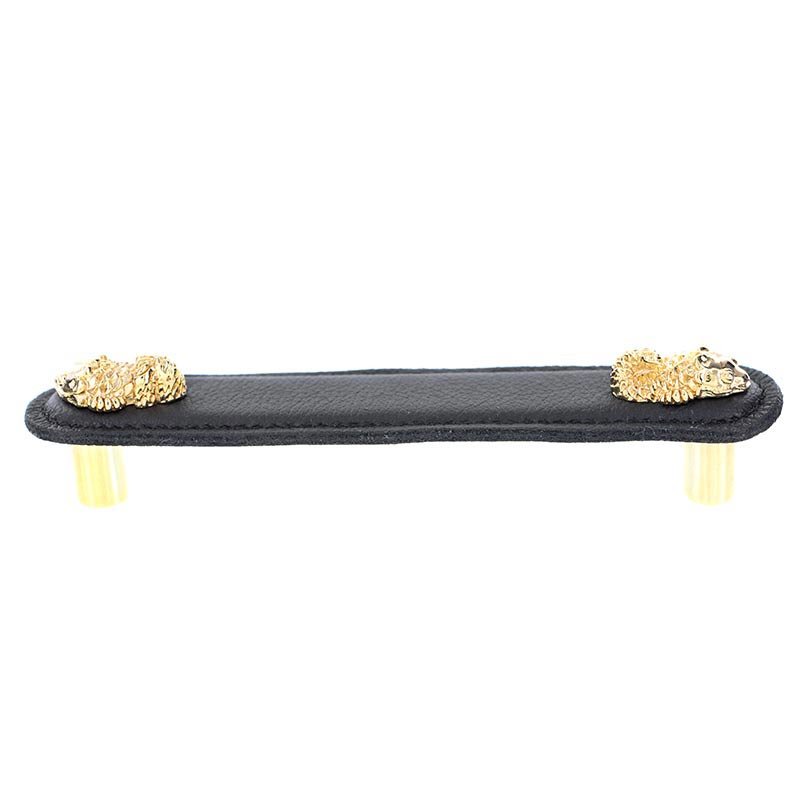 Vicenza Hardware Leather Collection 5" (128mm) Pesci Pull in Black Leather in Polished Gold