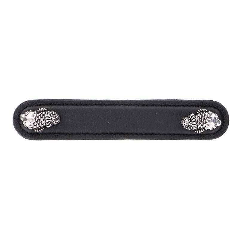 Vicenza Hardware Leather Collection 5" (128mm) Pesci Pull in Black Leather in Vintage Pewter