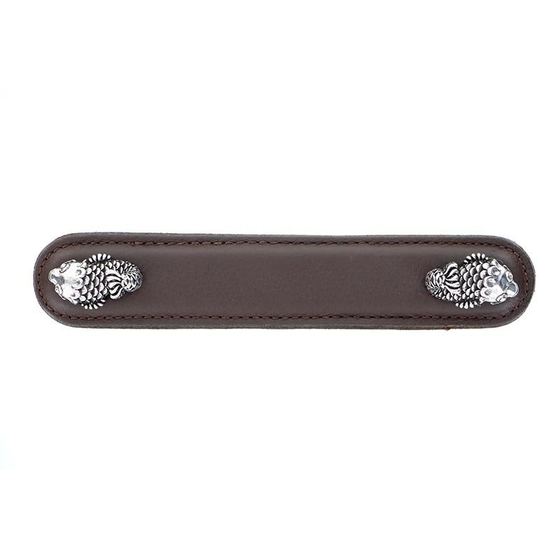 Vicenza Hardware Leather Collection 5" (128mm) Pesci Pull in Brown Leather in Vintage Pewter