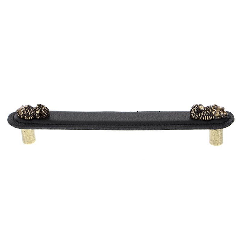 Vicenza Hardware Leather Collection 6" (152mm) Pesci Pull in Black Leather in Antique Brass