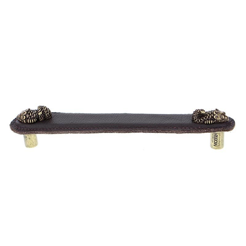 Vicenza Hardware Leather Collection 6" (152mm) Pesci Pull in Brown Leather in Antique Brass