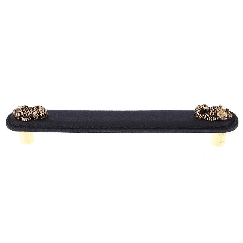 Vicenza Hardware Leather Collection 6" (152mm) Pesci Pull in Black Leather in Antique Gold