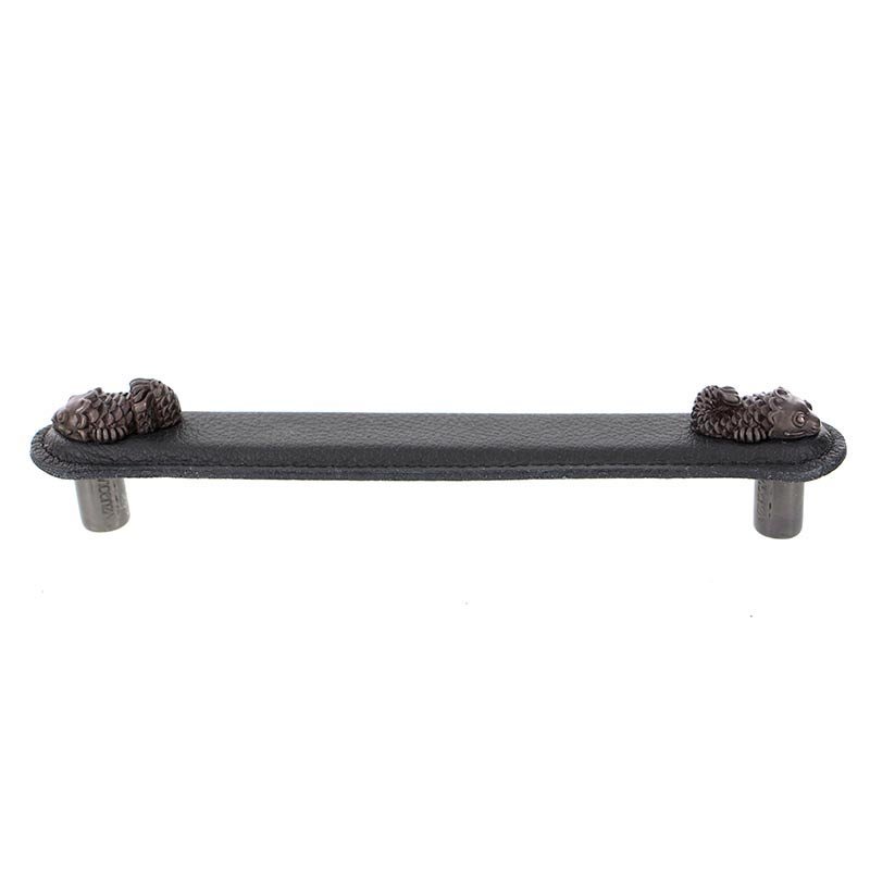 Vicenza Hardware Leather Collection 6" (152mm) Pesci Pull in Black Leather in Oil Rubbed Bronze