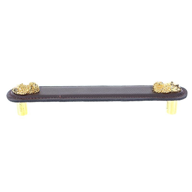 Vicenza Hardware Leather Collection 6" (152mm) Pesci Pull in Brown Leather in Polished Gold