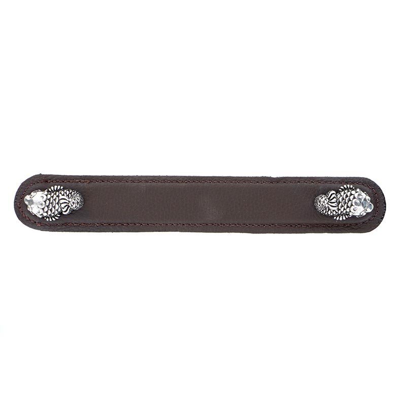 Vicenza Hardware Leather Collection 6" (152mm) Pesci Pull in Brown Leather in Vintage Pewter