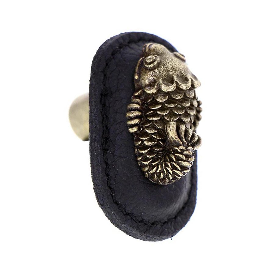 Vicenza Hardware Leather Collection Pesci Knob in Black Leather in Antique Brass