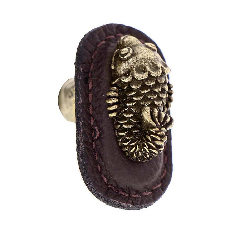 Vicenza Hardware Leather Collection Pesci Knob in Brown Leather in Antique Brass