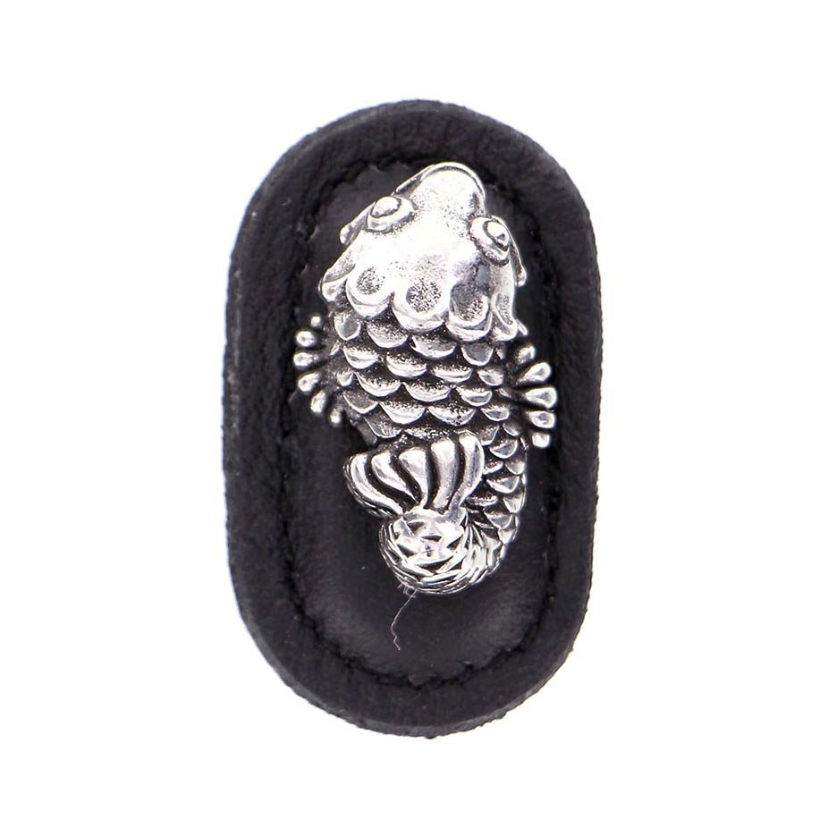 Vicenza Hardware Leather Collection Pesci Knob in Black Leather in Vintage Pewter