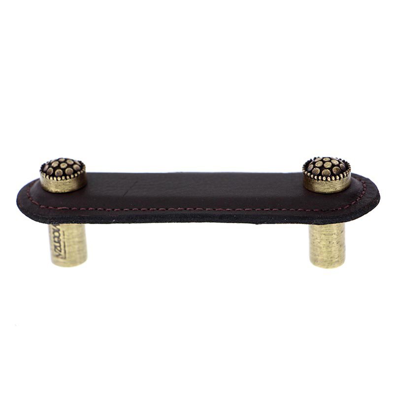 Vicenza Hardware Leather Collection 3" (76mm) Puccini Pull in Brown Leather in Antique Brass