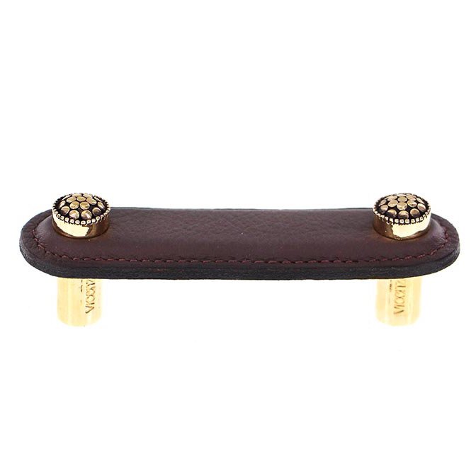 Vicenza Hardware Leather Collection 3" (76mm) Puccini Pull in Brown Leather in Antique Gold