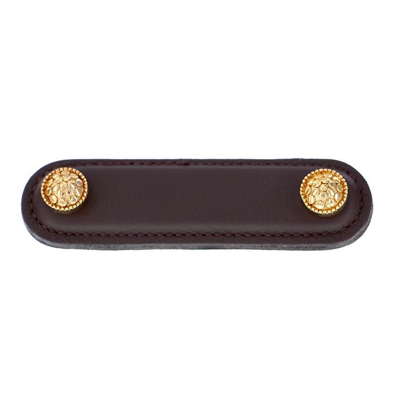 Vicenza Hardware Leather Collection 3" (76mm) Puccini Pull in Brown Leather in Polished Gold