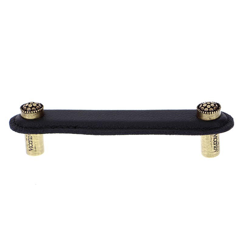 Vicenza Hardware Leather Collection 4" (102mm) Puccini Pull in Black Leather in Antique Brass