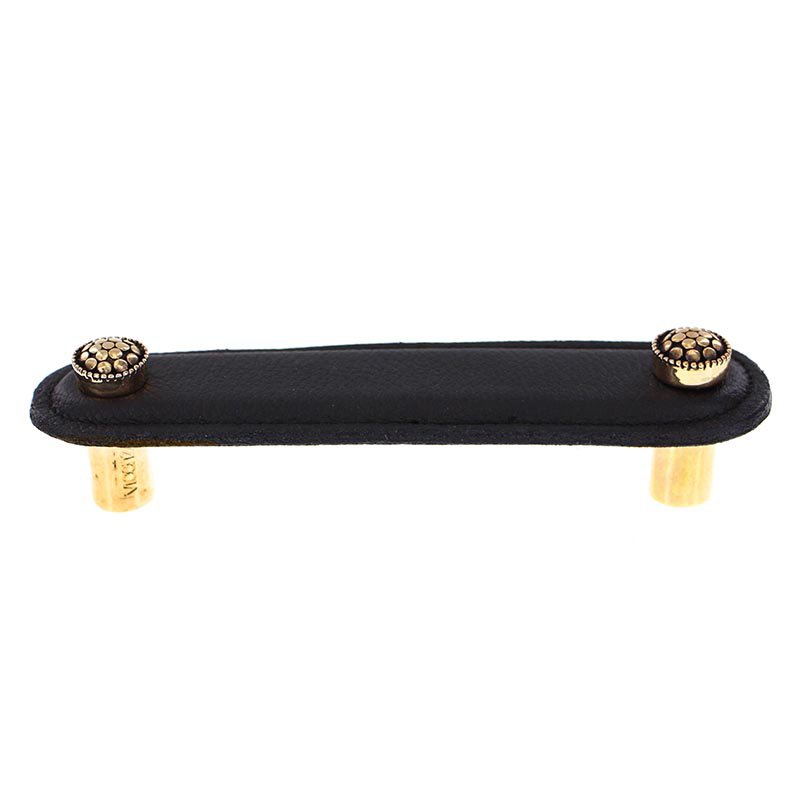 Vicenza Hardware Leather Collection 4" (102mm) Puccini Pull in Black Leather in Antique Gold
