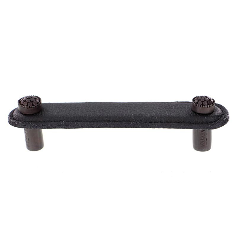 Vicenza Hardware Leather Collection 4" (102mm) Puccini Pull in Black Leather in Oil Rubbed Bronze