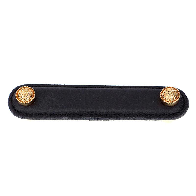 Vicenza Hardware Leather Collection 4" (102mm) Puccini Pull in Black Leather in Polished Gold