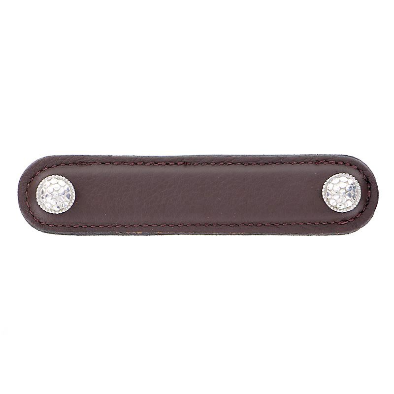 Vicenza Hardware Leather Collection 4" (102mm) Puccini Pull in Brown Leather in Polished Nickel