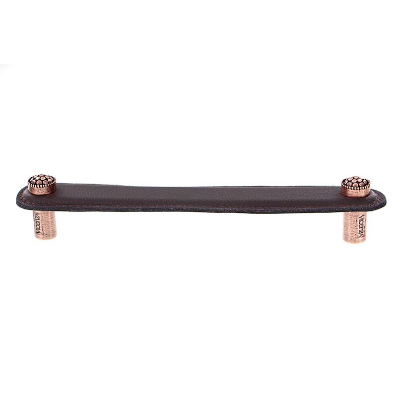 Vicenza Hardware Leather Collection 6" (152mm) Puccini Pull in Brown Leather in Antique Copper