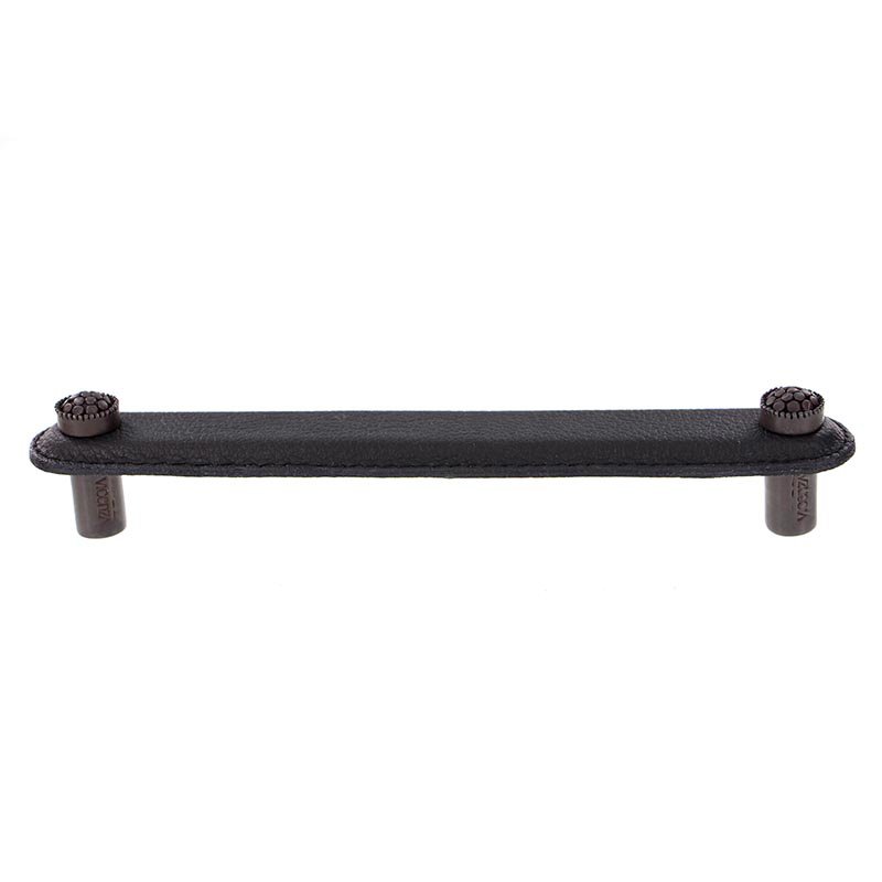Vicenza Hardware Leather Collection 6" (152mm) Puccini Pull in Black Leather in Oil Rubbed Bronze