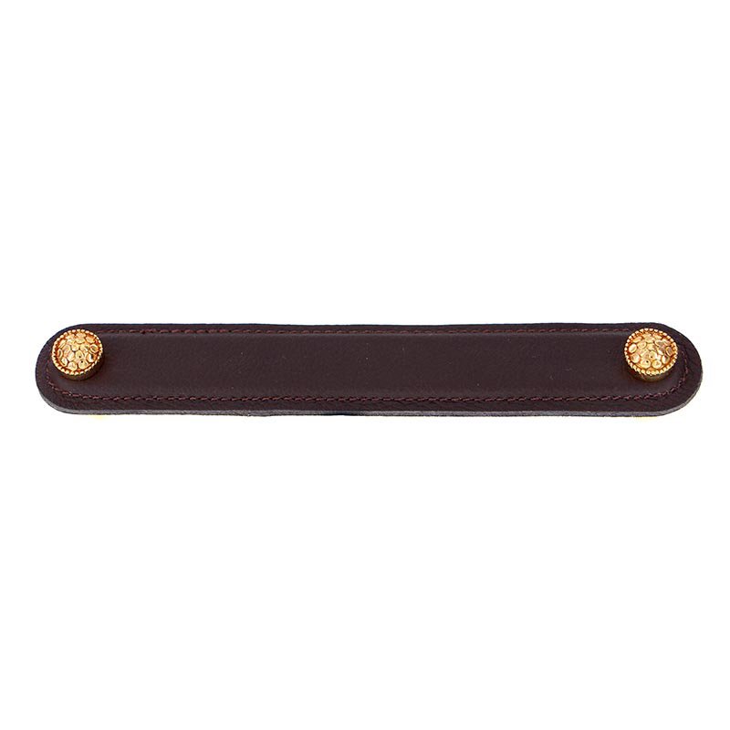 Vicenza Hardware Leather Collection 6" (152mm) Puccini Pull in Brown Leather in Polished Gold