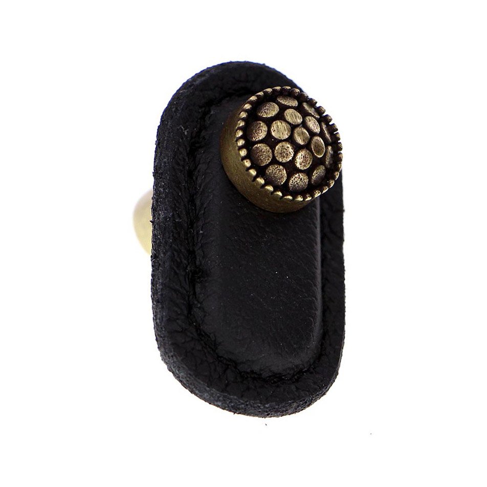 Vicenza Hardware Leather Collection Puccini Knob in Black Leather in Antique Brass