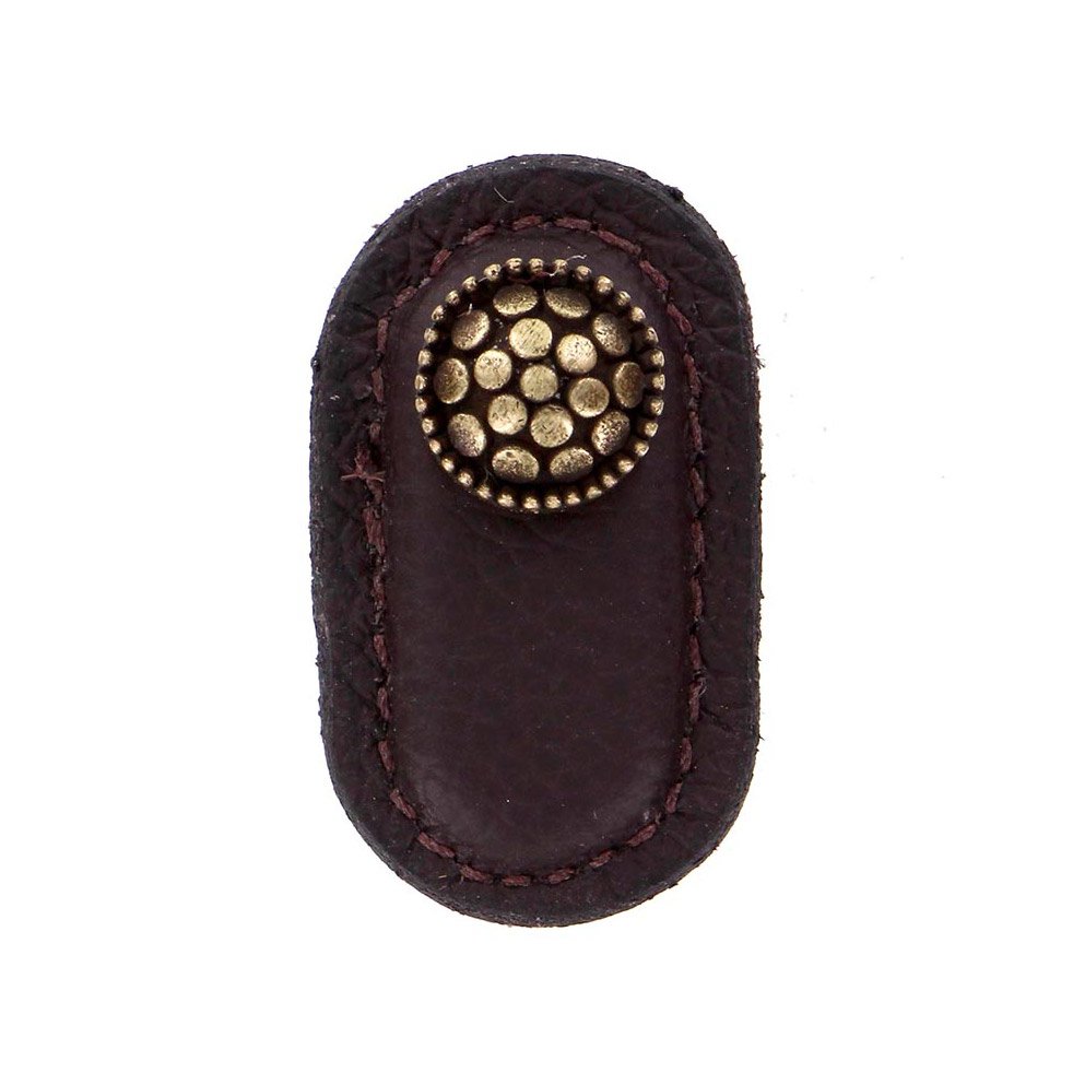 Vicenza Hardware Leather Collection Puccini Knob in Brown Leather in Antique Brass