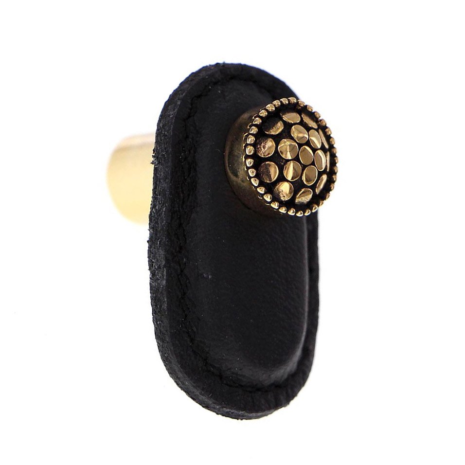 Vicenza Hardware Leather Collection Puccini Knob in Black Leather in Antique Gold