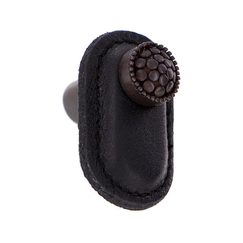 Vicenza Hardware Leather Collection Puccini Knob in Black Leather in Oil Rubbed Bronze