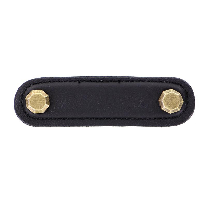 Vicenza Hardware Leather Collection 3" (76mm) Carducci Pull in Black Leather in Antique Brass