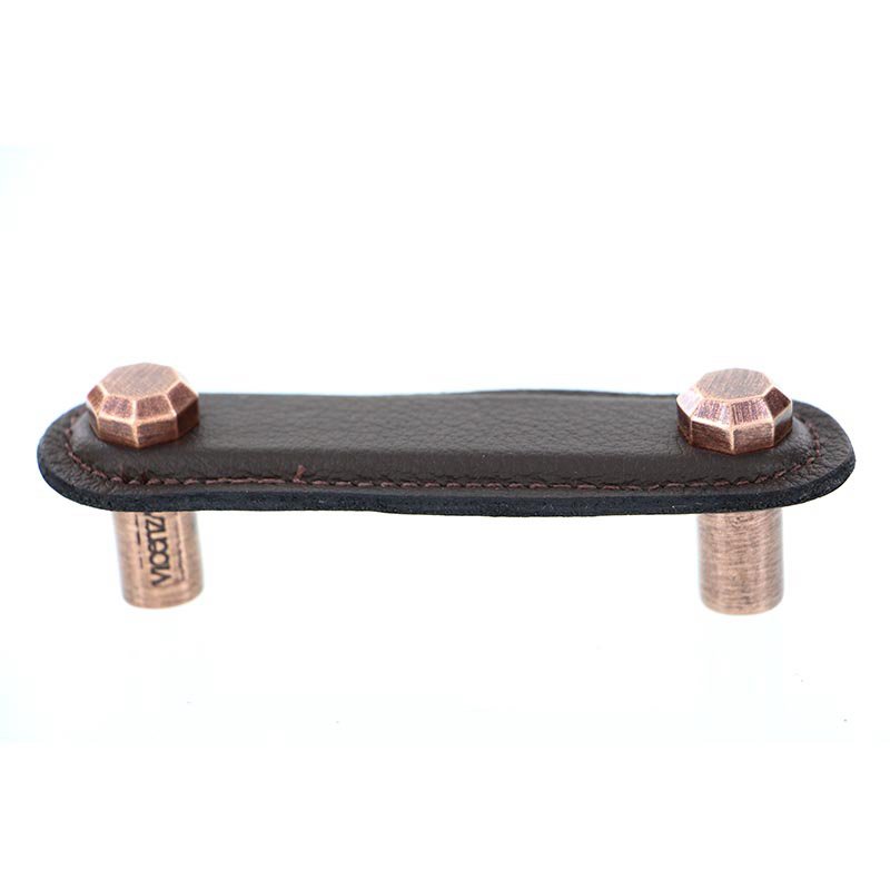Vicenza Hardware Leather Collection 3" (76mm) Carducci Pull in Brown Leather in Antique Copper
