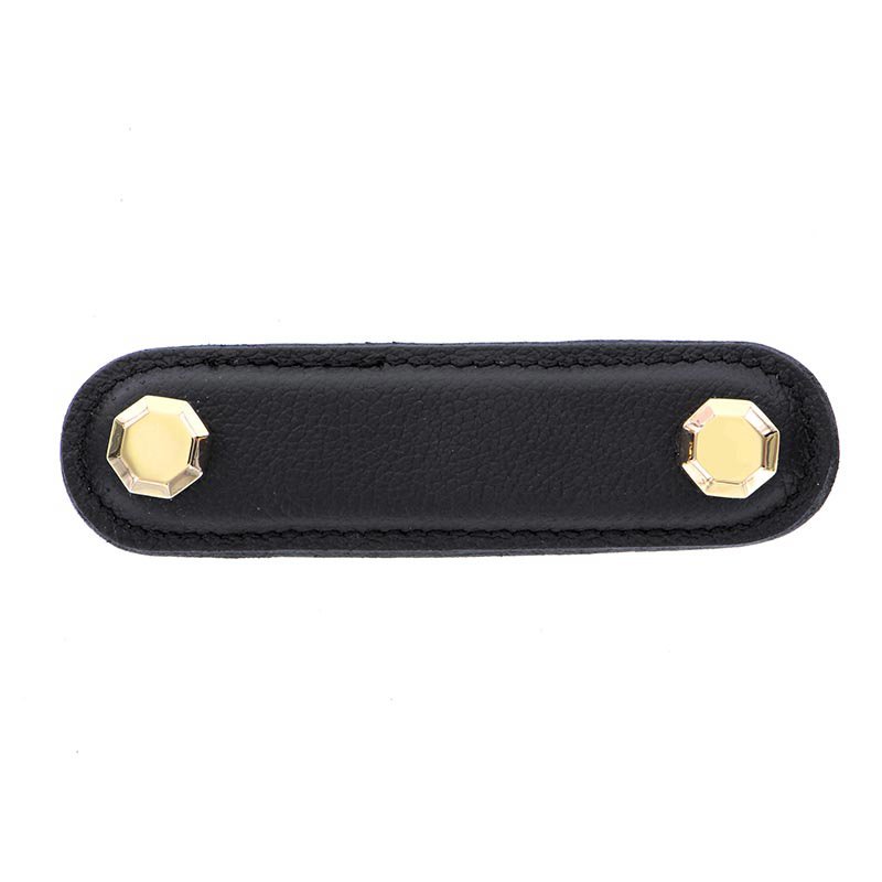 Vicenza Hardware Leather Collection 3" (76mm) Carducci Pull in Black Leather in Polished Gold
